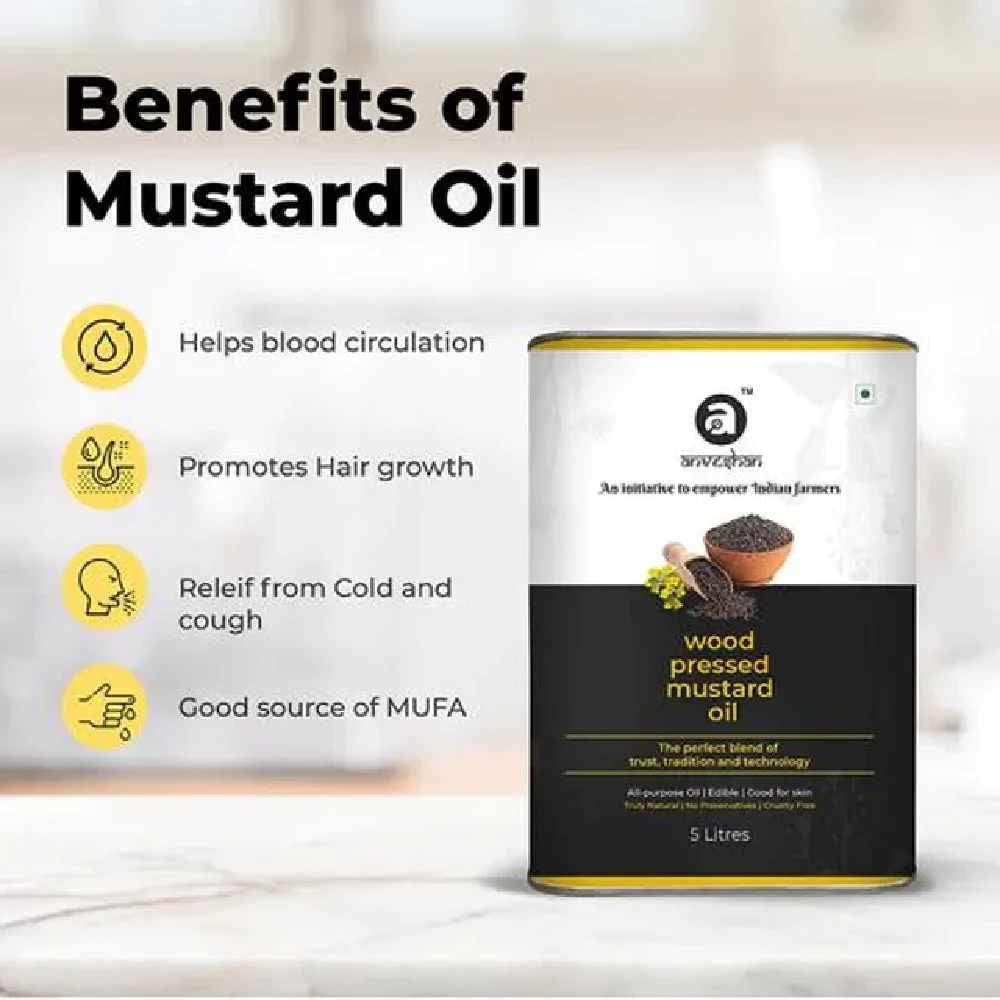 Anveshan Wood Cold Pressed Kachi Ghani Black Mustard Cooking Oil, 5 L Tin-6.webp